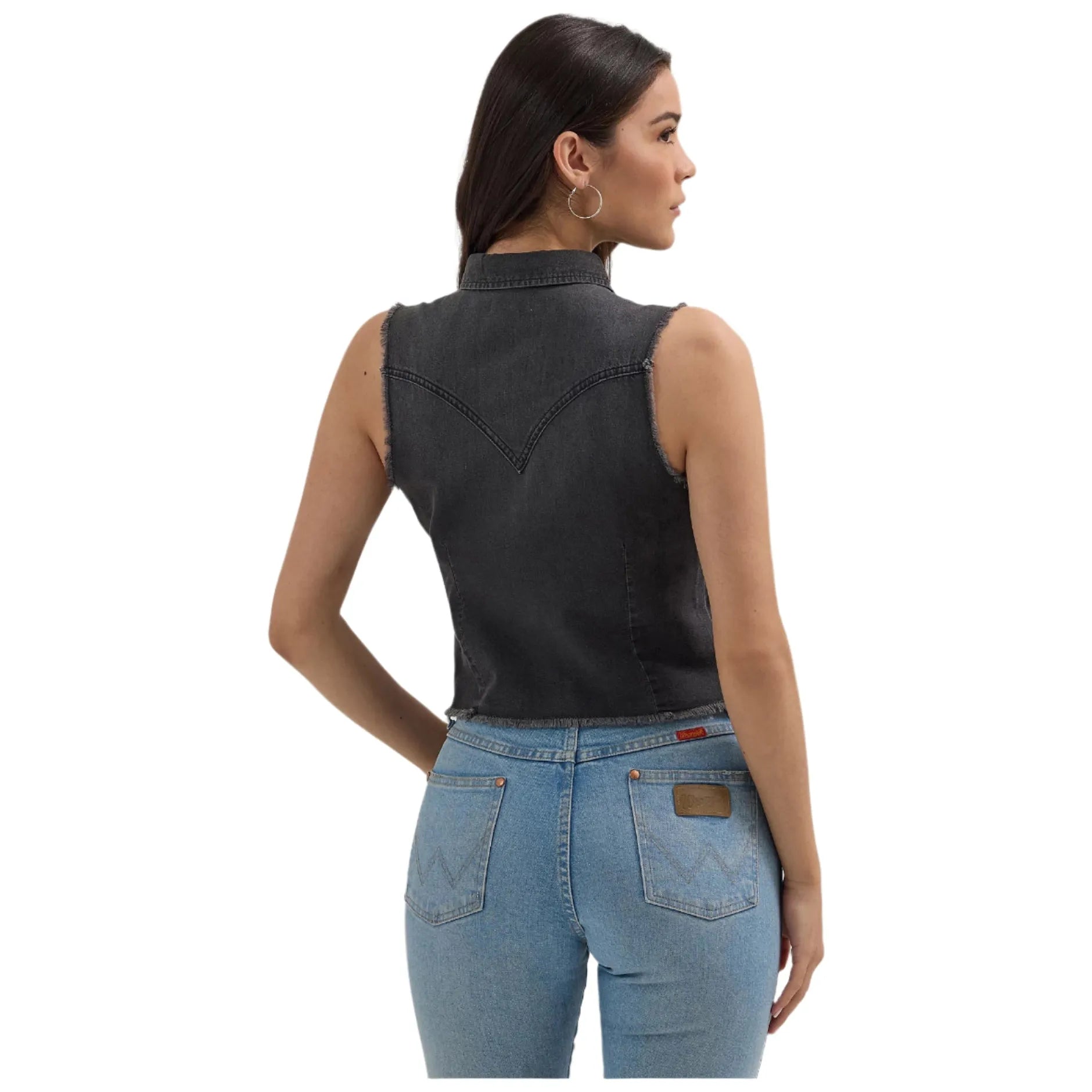 Women's Wrangler Frayed Denim Crop Western Snap Tank 112362281 - Crazy House Western Wear